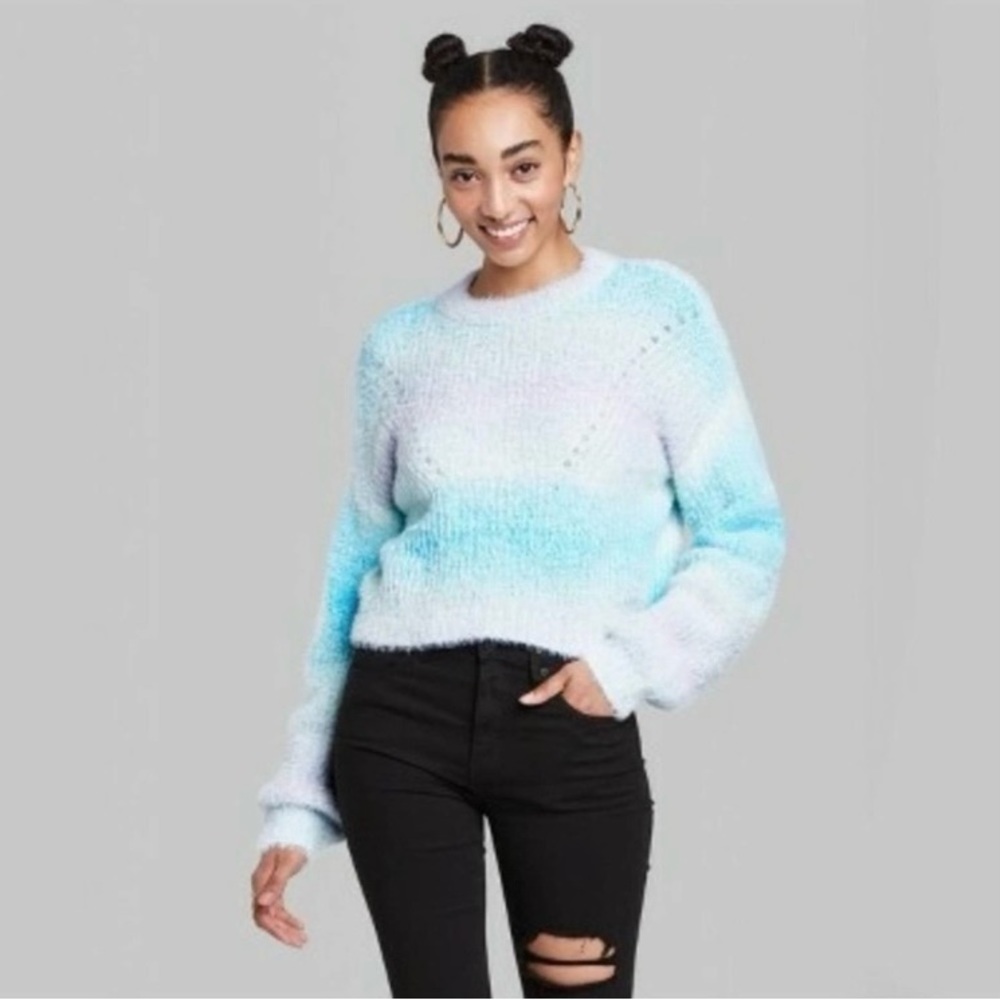 Fuzzy Spacedye Ombre Pullover Cropped Long Sleeve Sweater Unicorn Ice Blue Sz M